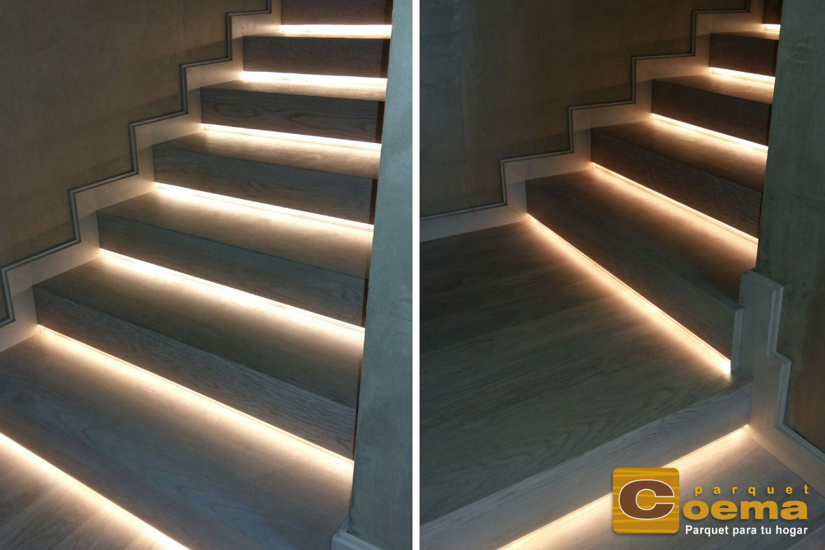 Escaleras macizas de roble con tinte y detalle de luz led incorporada
